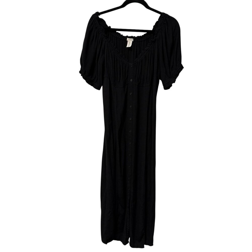 H&M DRESS MAXI BLACK BUTTON UP PEASANT WHIMSIGOTH SIZE XL COTTAGECORE FLOUNCE
